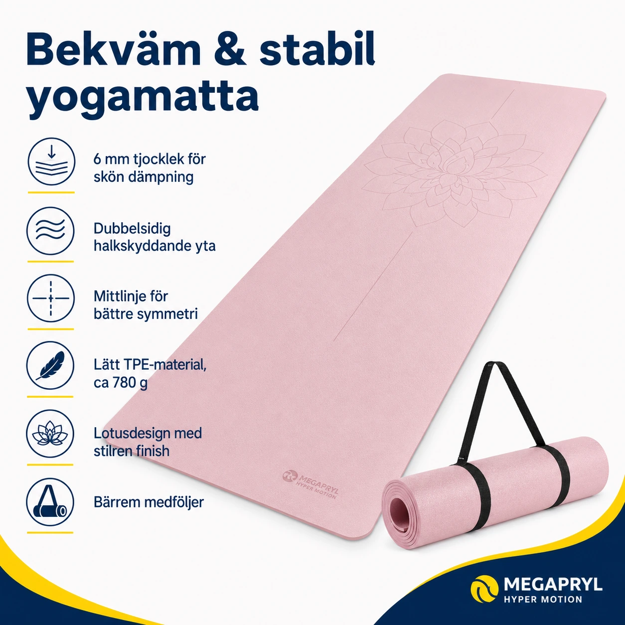 Yogamatta Lotus 6 mm i TPE med Bärrem Rosa