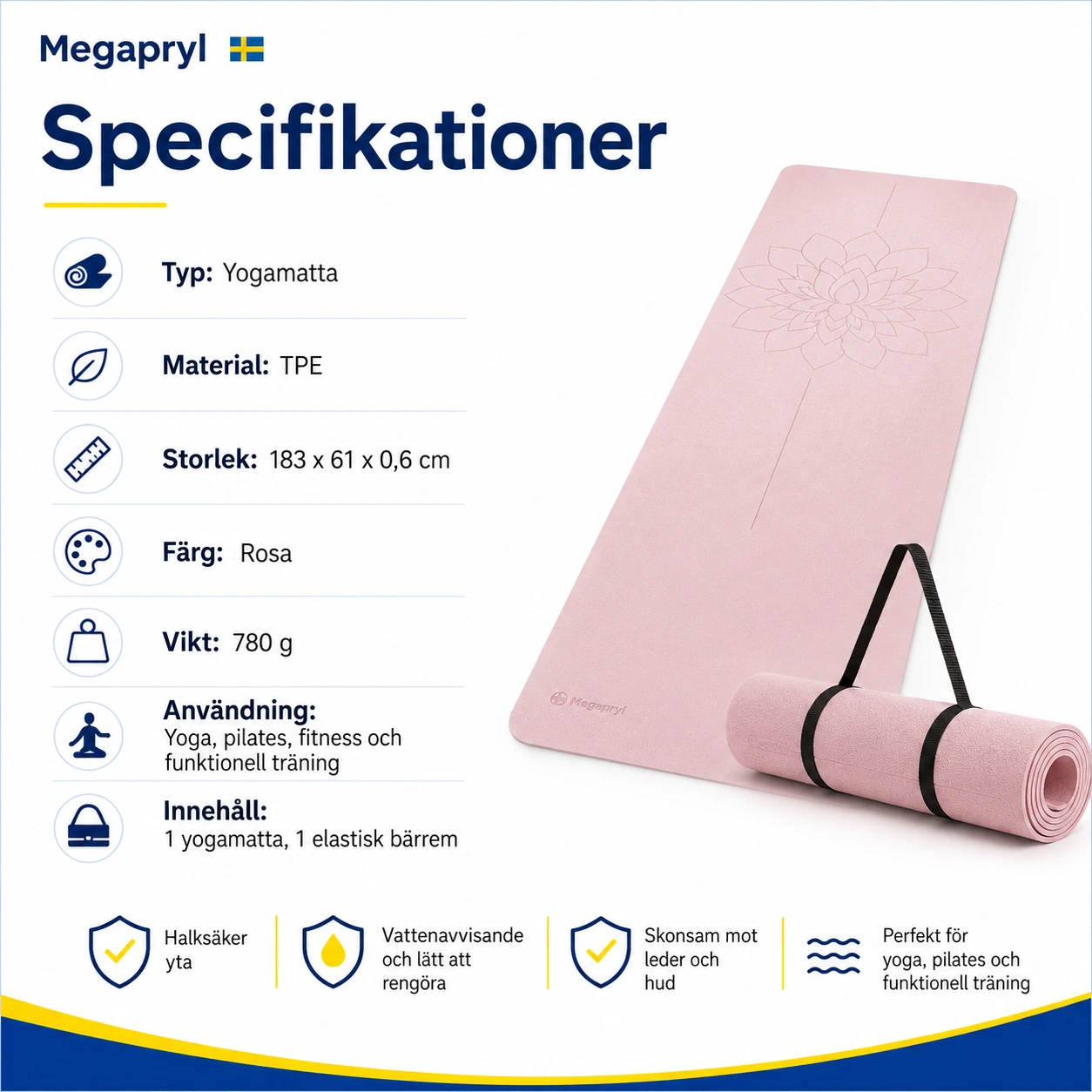 Yogamatta Lotus 6 mm i TPE med Bärrem Rosa