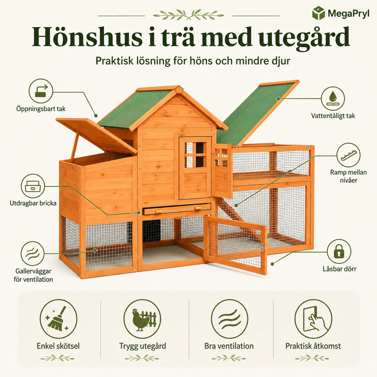 Hönshus i trä med utegård och vattentåligt tak