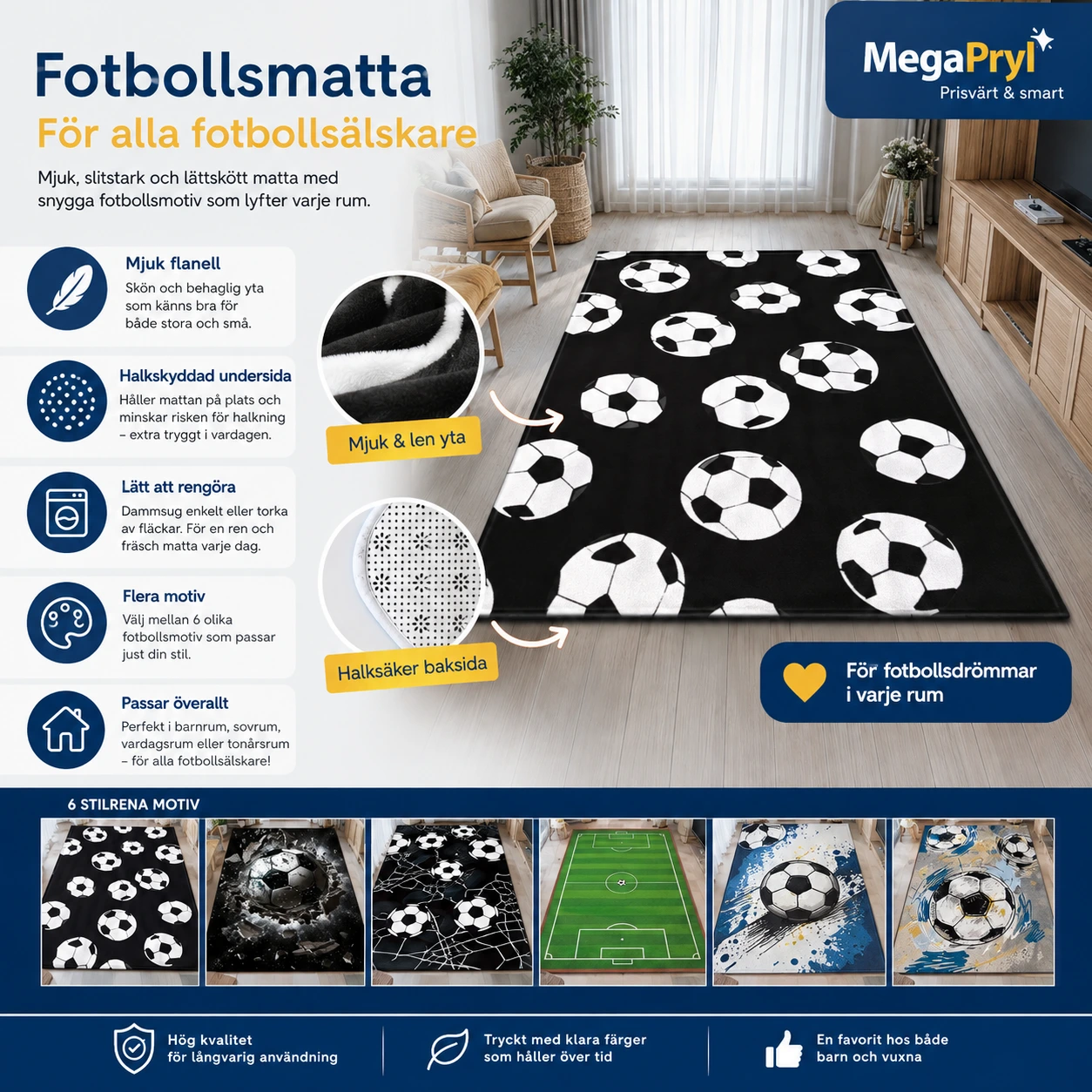 Fotbollsmatta för hemmet i flanell med halkskydd