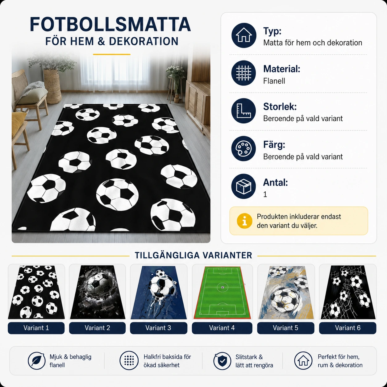 Fotbollsmatta för hemmet i flanell med halkskydd
