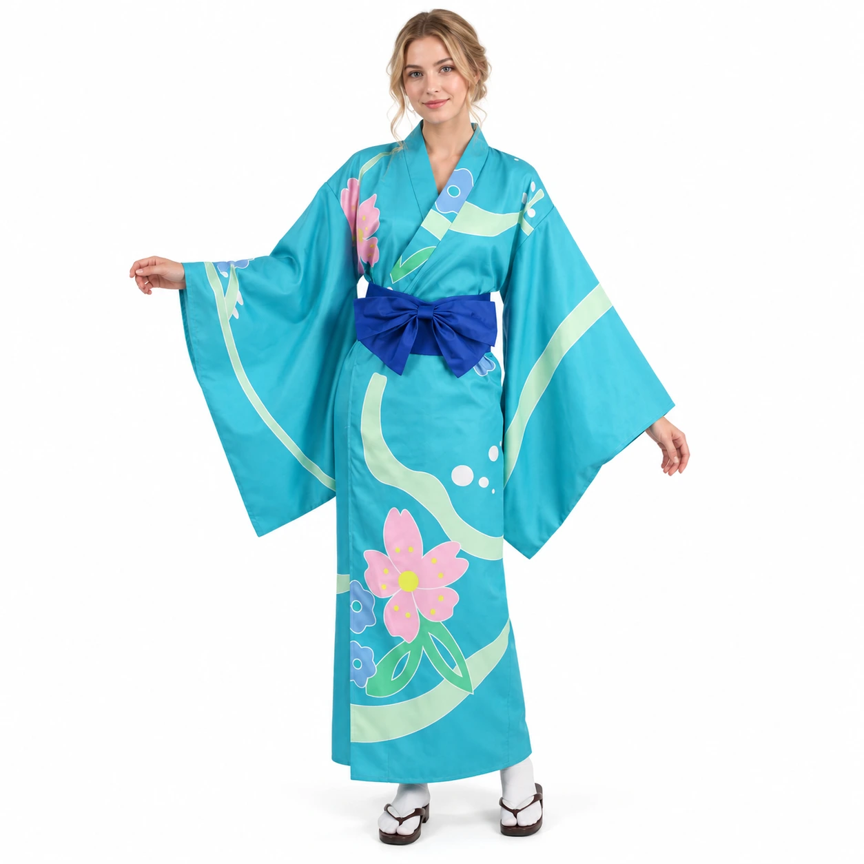 Blå och Mönstrad Japansk Kimono med Obi-Bälte