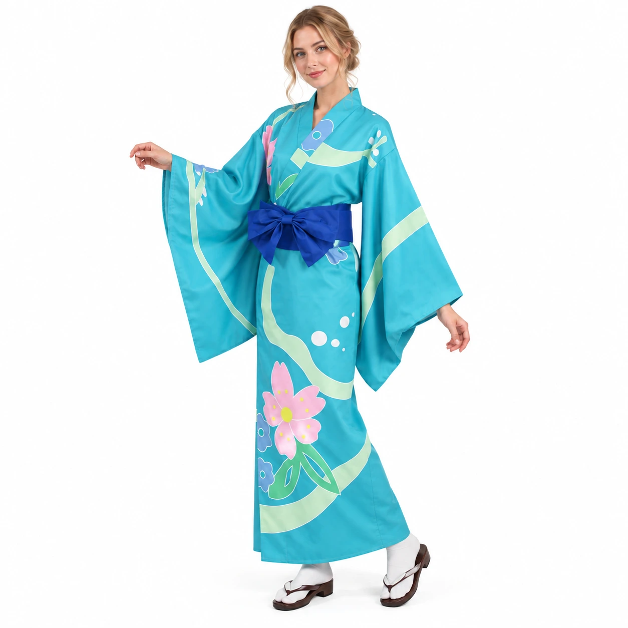 Blå och Mönstrad Japansk Kimono med Obi-Bälte