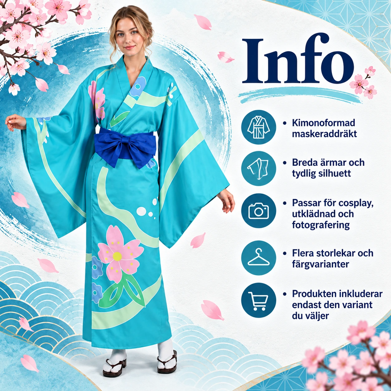 Blå och Mönstrad Japansk Kimono med Obi-Bälte