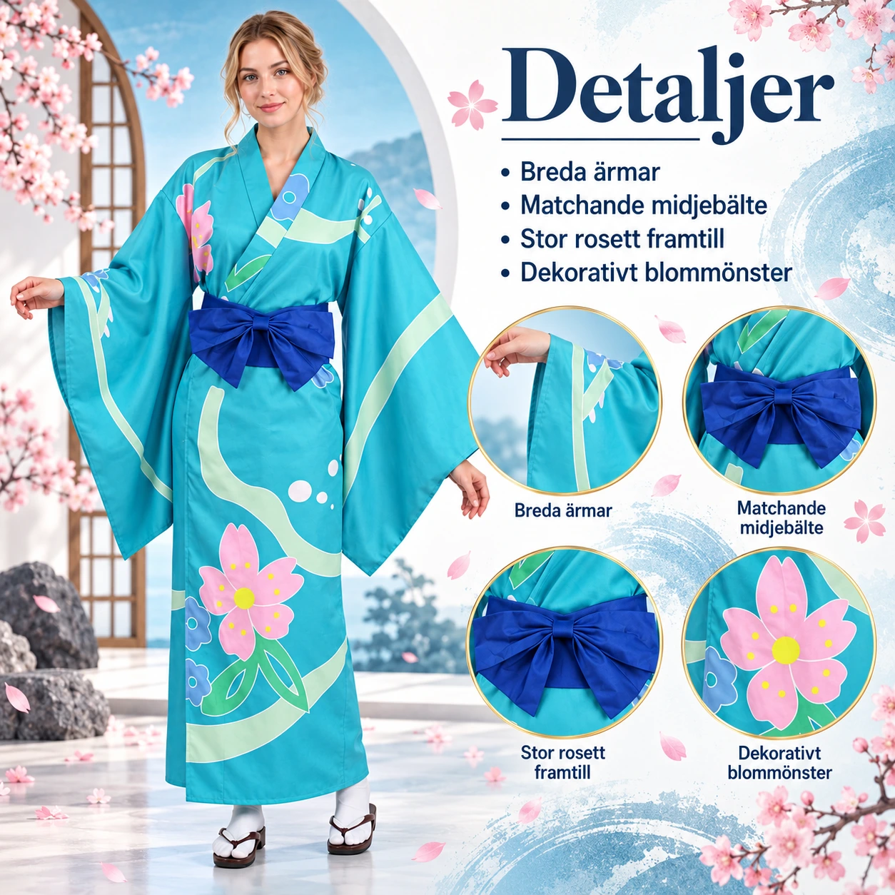 Blå och Mönstrad Japansk Kimono med Obi-Bälte