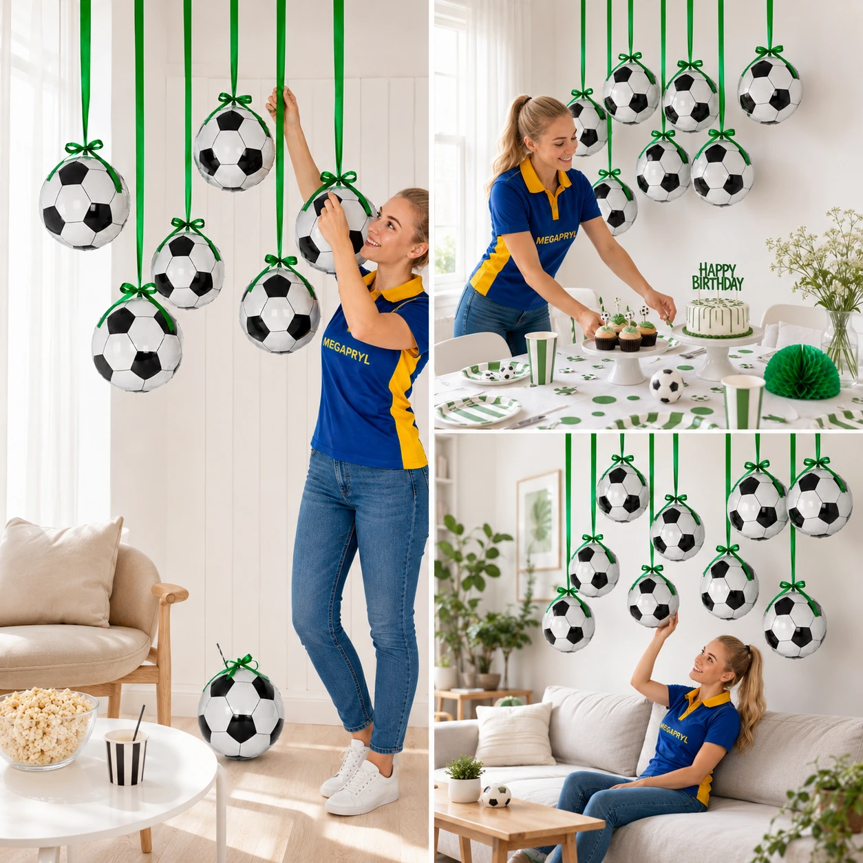 Fotbollsballonger 56 cm 4D med Grönt Band 4/6/8-Pack