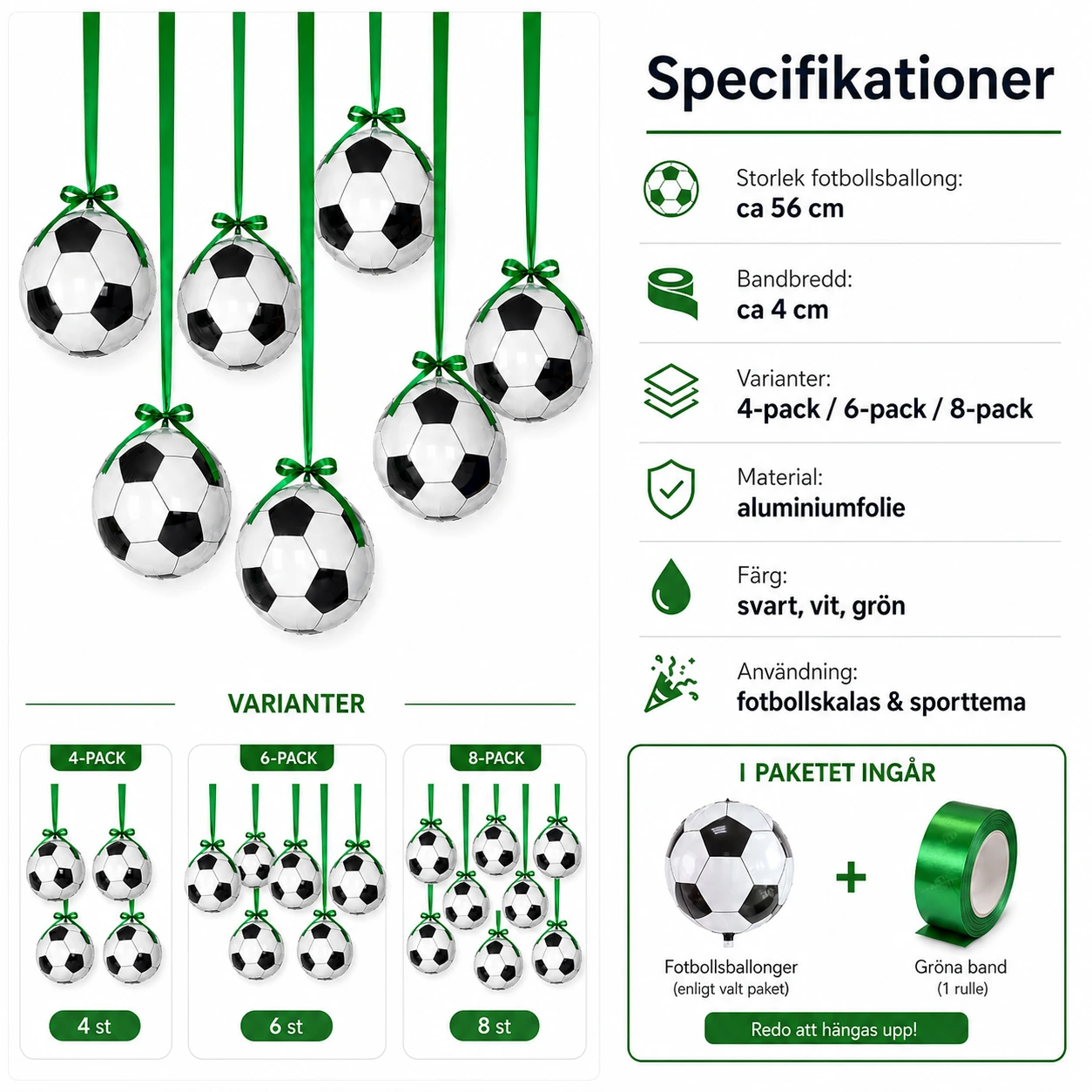 Fotbollsballonger 56 cm 4D med Grönt Band 4/6/8-Pack