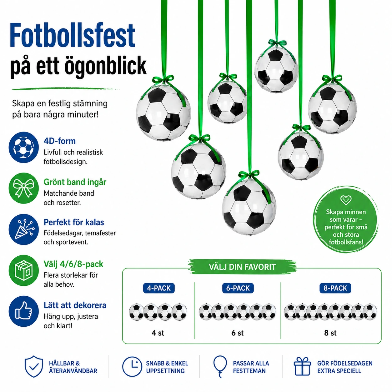 Fotbollsballonger 56 cm 4D med Grönt Band 4/6/8-Pack
