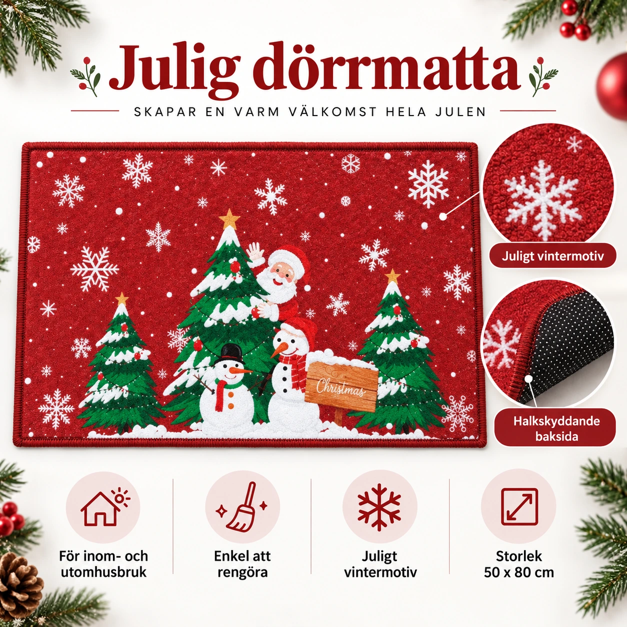 Julig dörrmatta med halkskydd för inom- och utomhusbruk 50cmx80cm