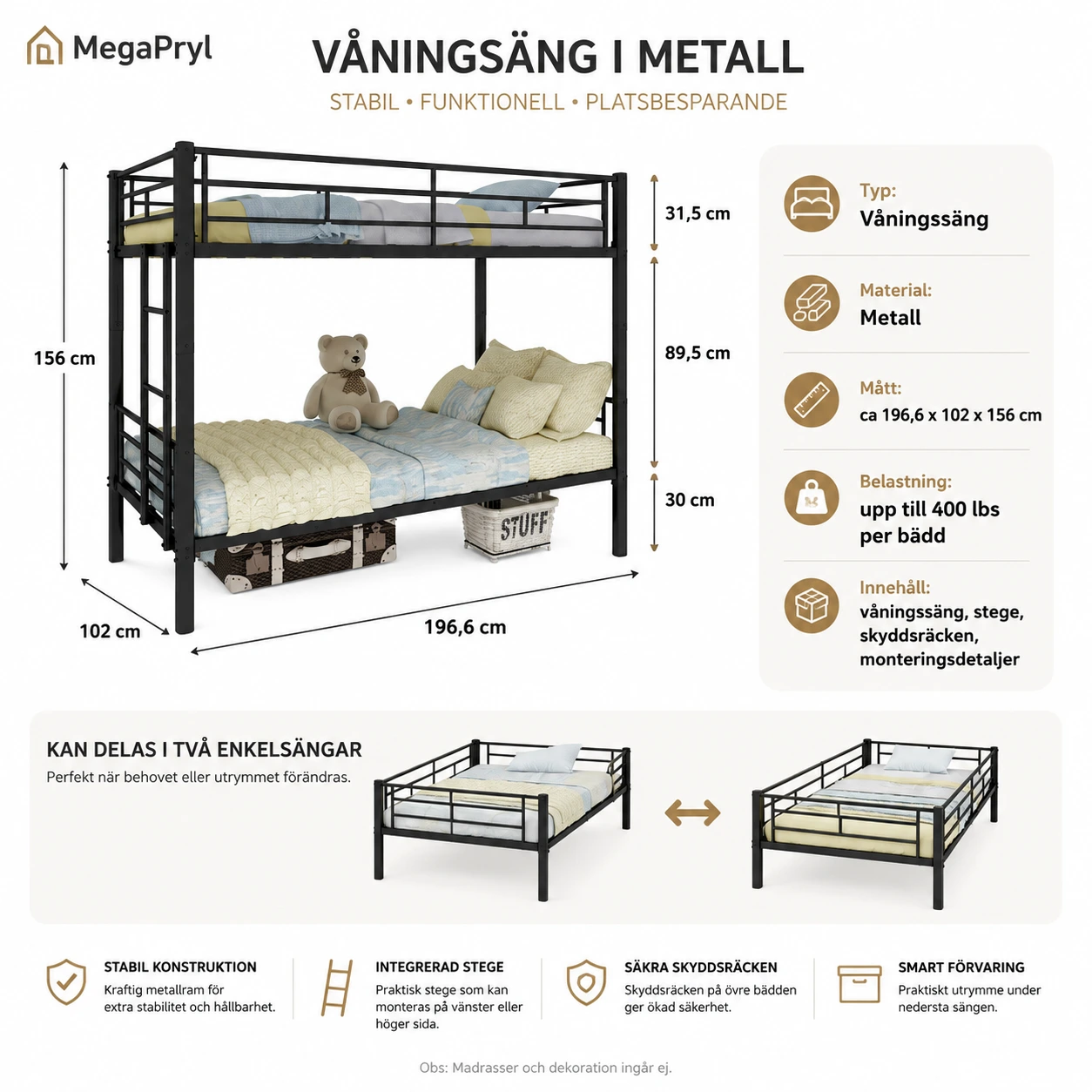 Våningssäng i metall som kan delas till två sängar
