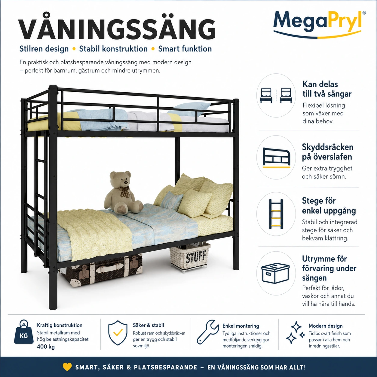Våningssäng i metall som kan delas till två sängar