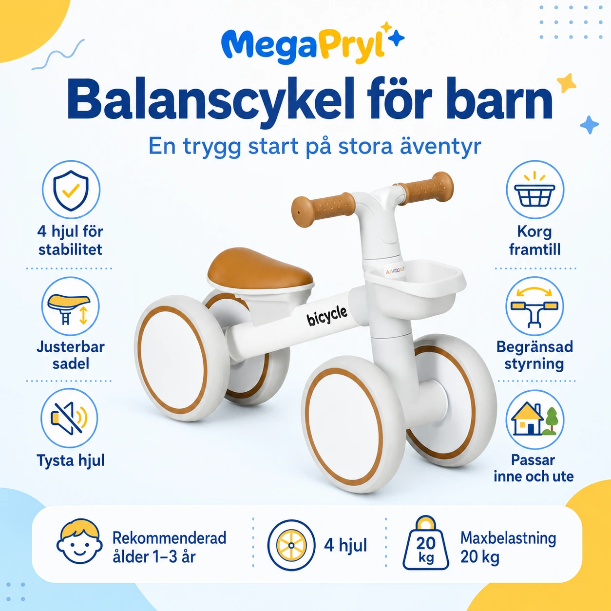 Balanscykel för Barn med Korg och 4 Tysta Hjul