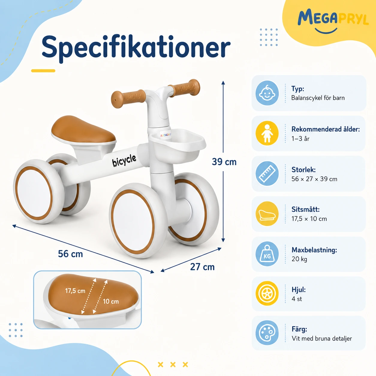 Balanscykel för Barn med Korg och 4 Tysta Hjul