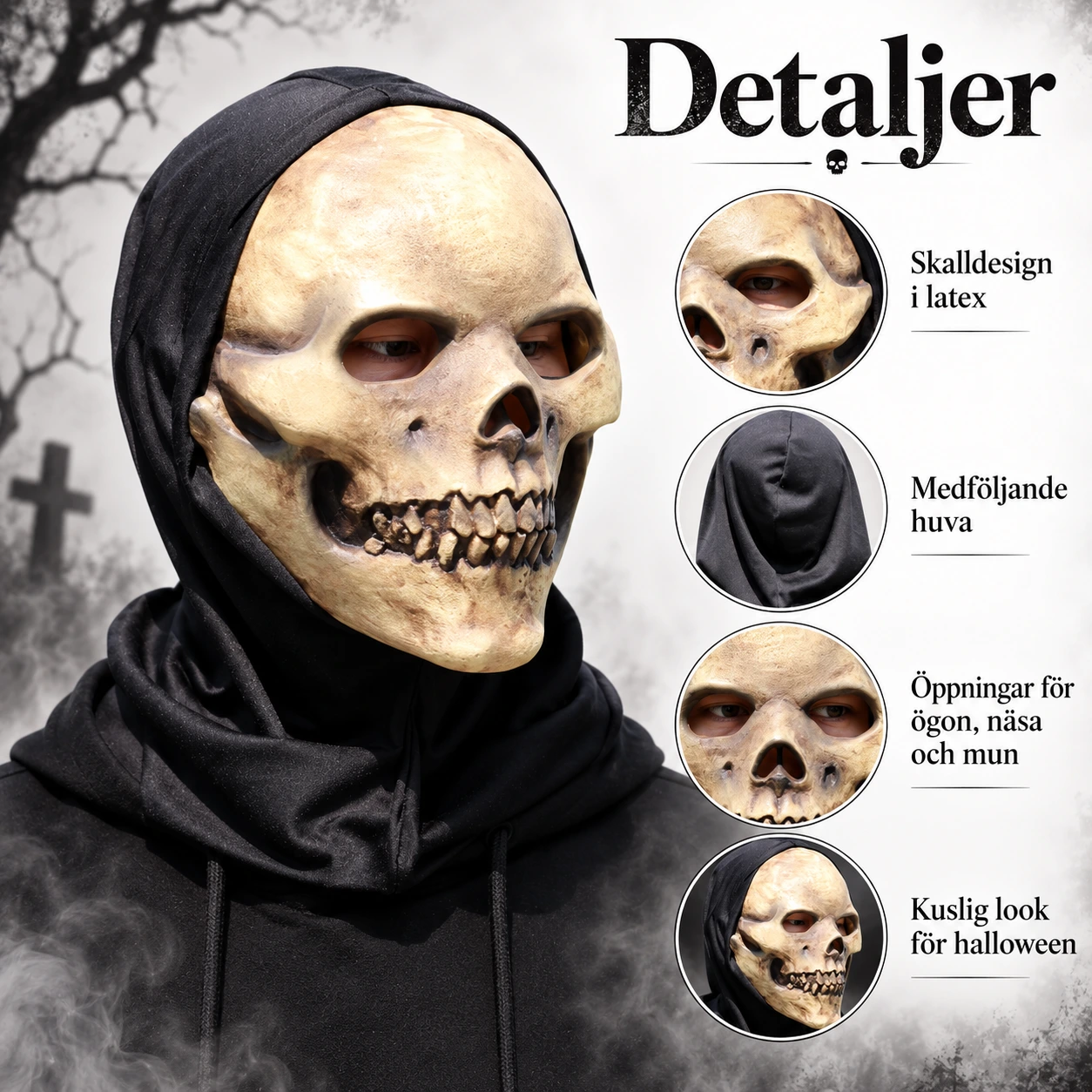 Skallmask för Halloween med Huva i Latex