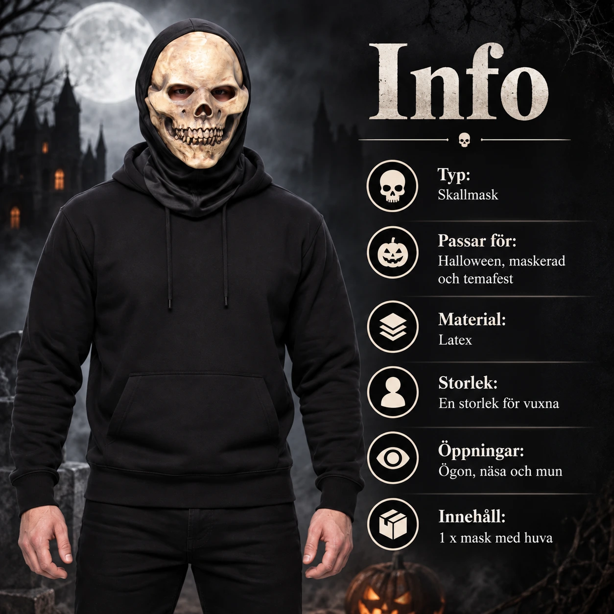 Skallmask för Halloween med Huva i Latex