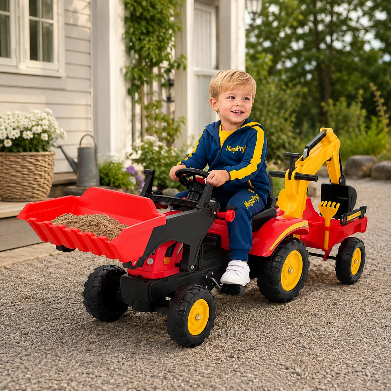 Tramptraktor för barn med grävskopa och frontlastare