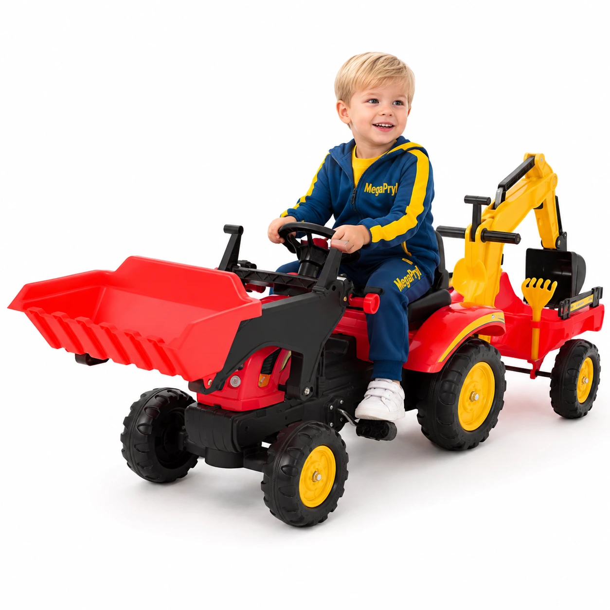 Tramptraktor för barn med grävskopa och frontlastare