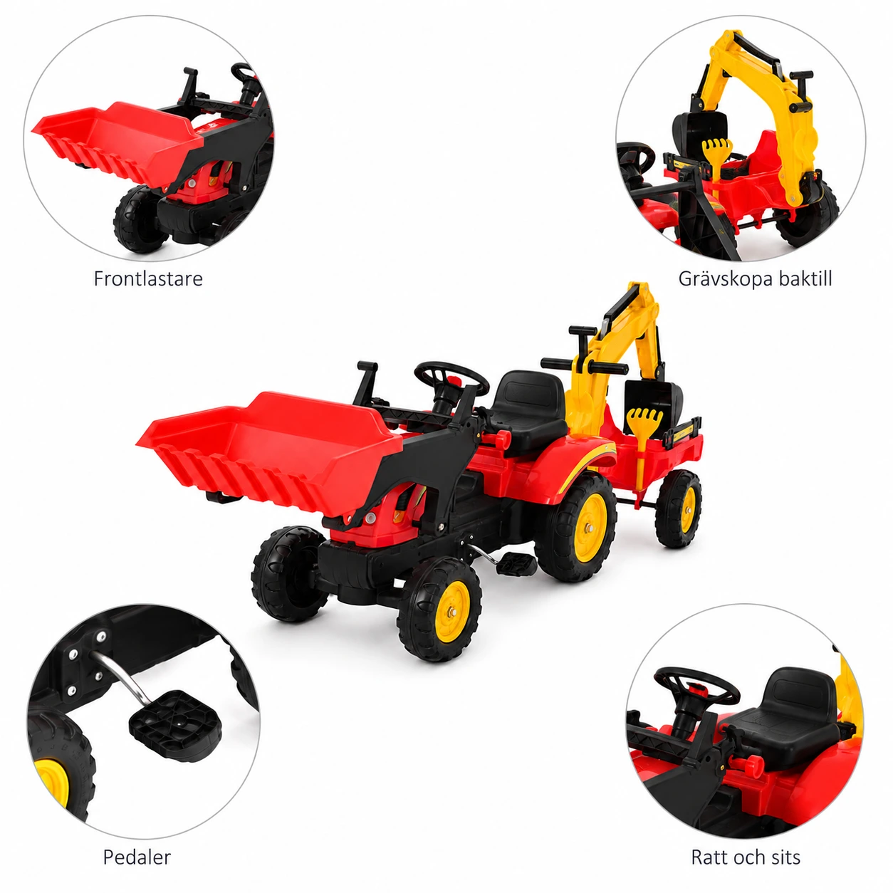 Tramptraktor för barn med grävskopa och frontlastare