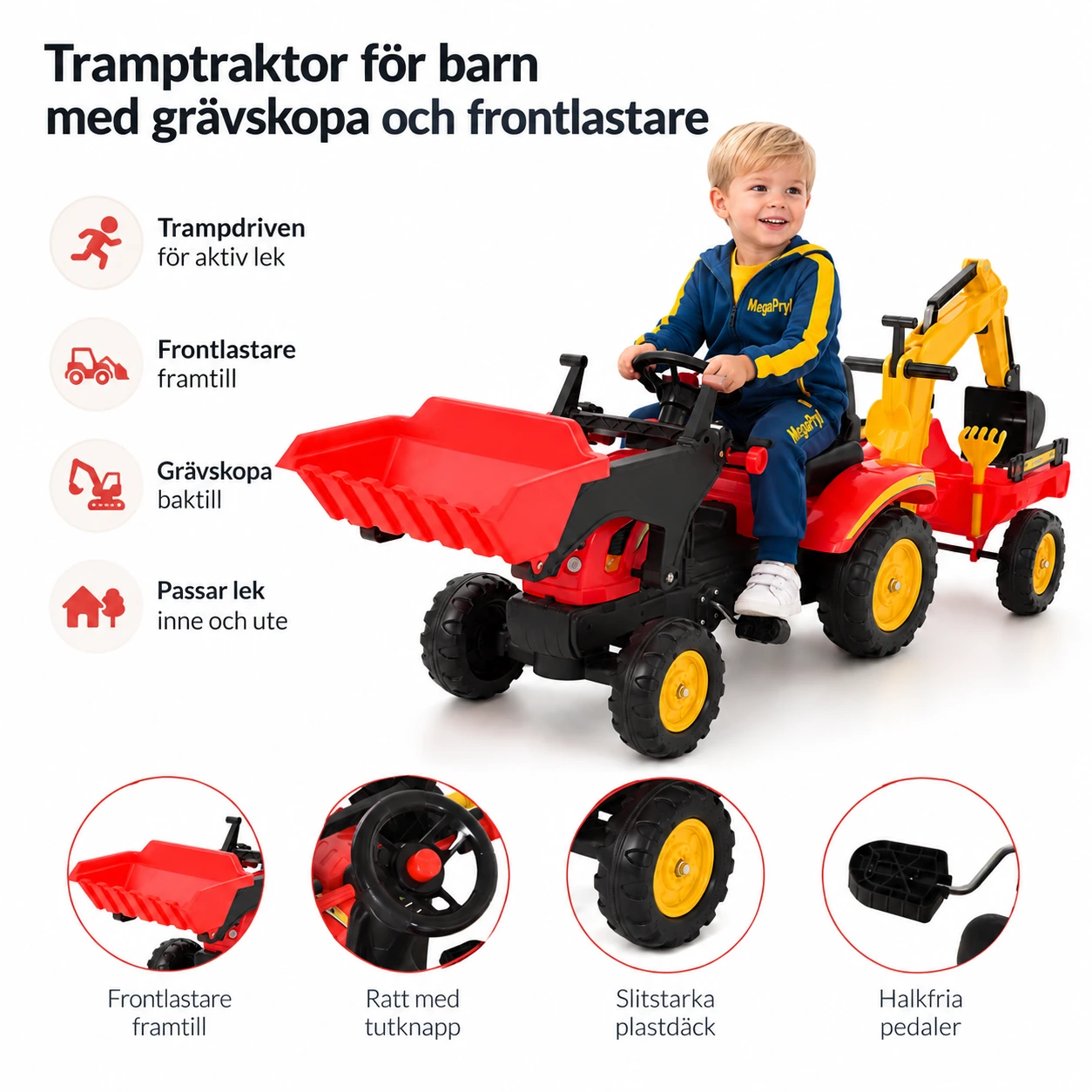 Tramptraktor för barn med grävskopa och frontlastare