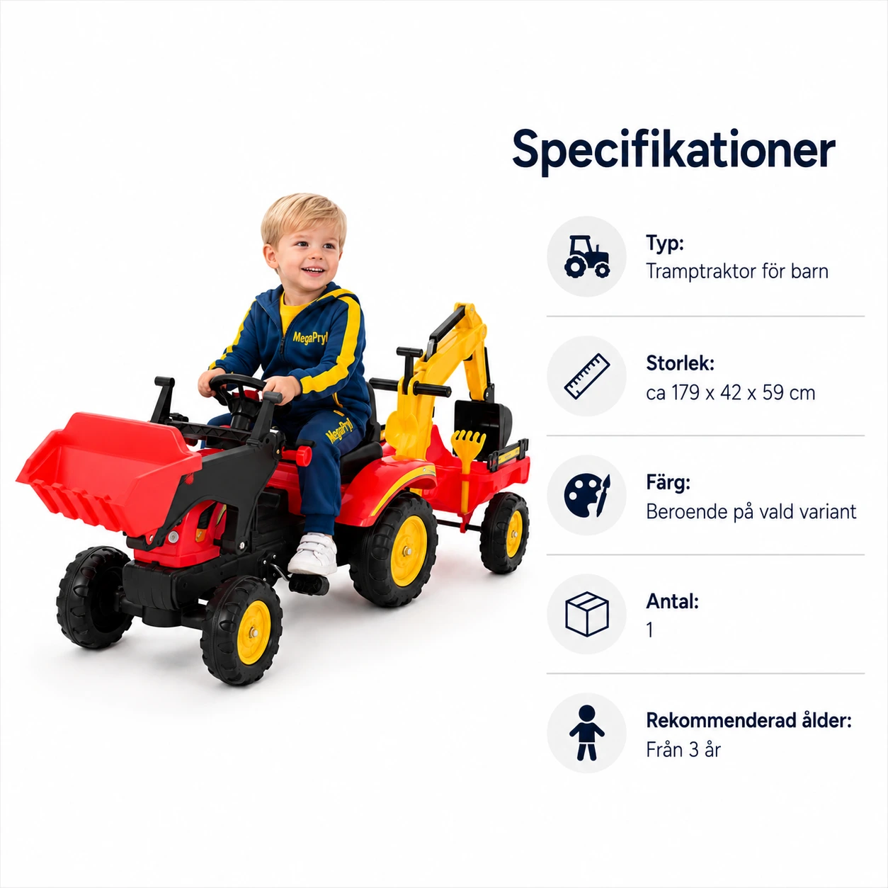 Tramptraktor för barn med grävskopa och frontlastare