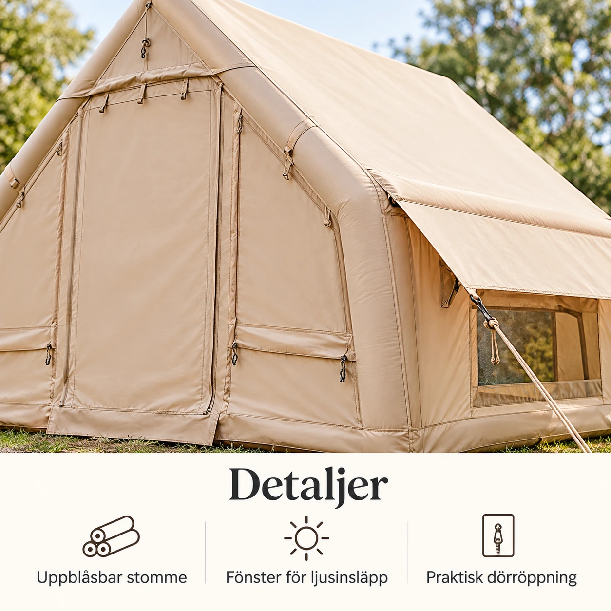 Uppblåsbart campingtält i khaki med ståhöjd 300 x 210 x 200 cm