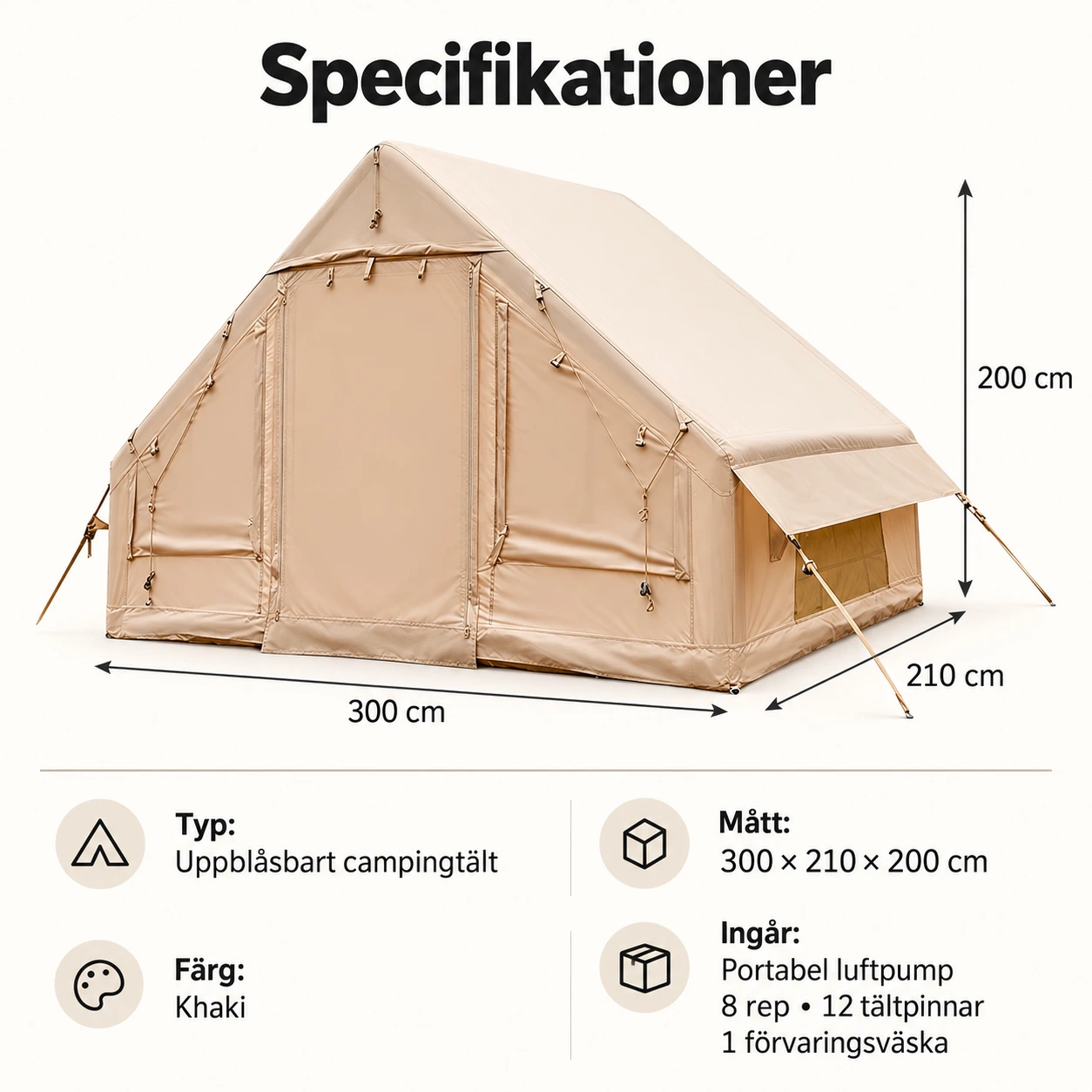 Uppblåsbart campingtält i khaki med ståhöjd 300 x 210 x 200 cm