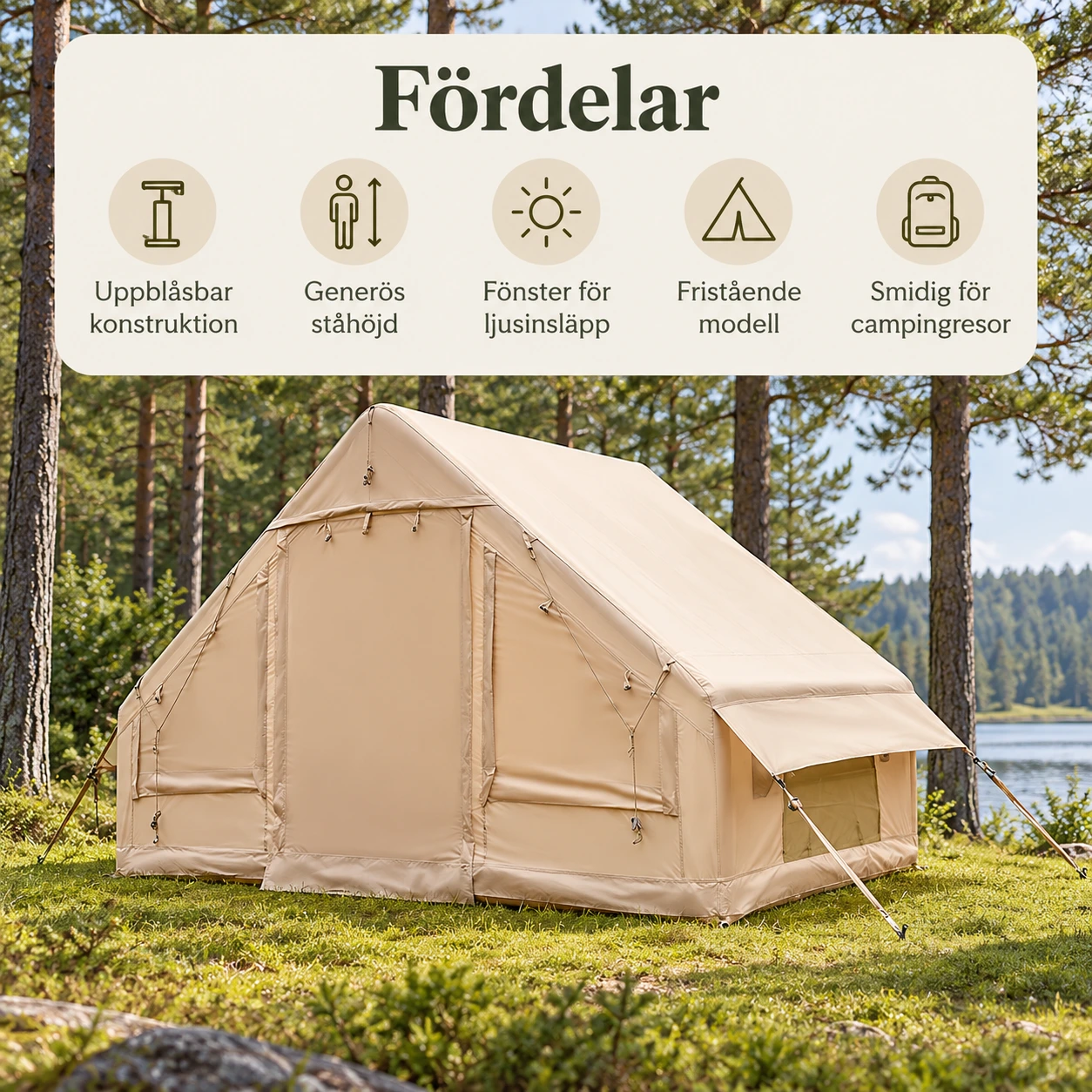 Uppblåsbart campingtält i khaki med ståhöjd 300 x 210 x 200 cm