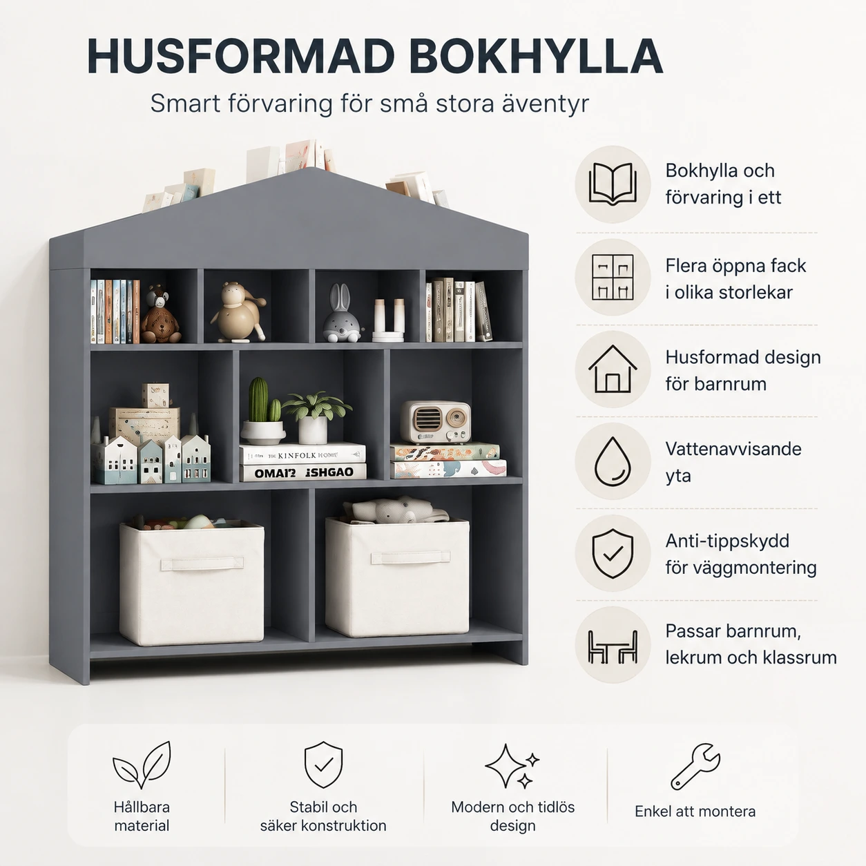 Barnbokhylla med förvaring för böcker och leksaker