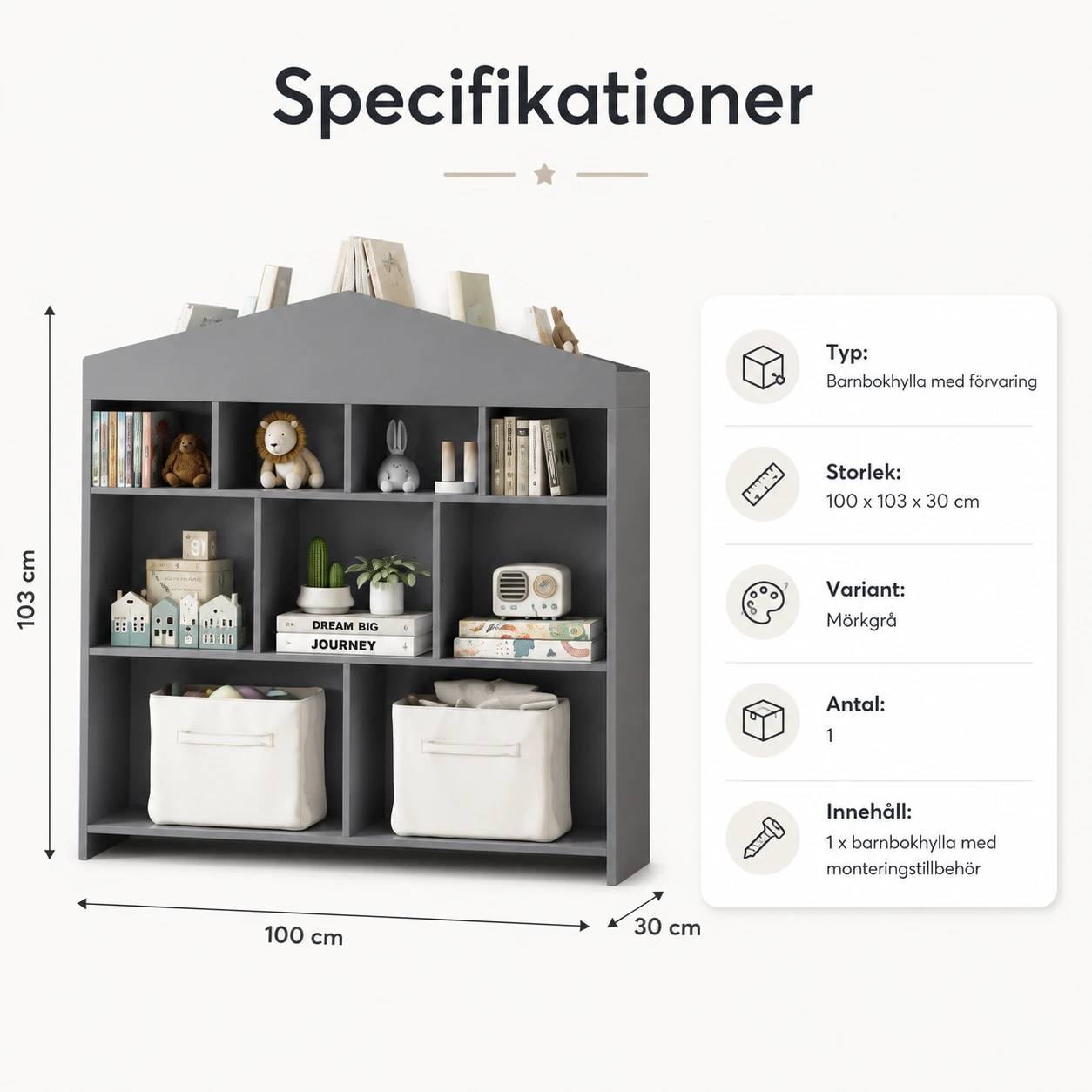 Barnbokhylla med förvaring för böcker och leksaker