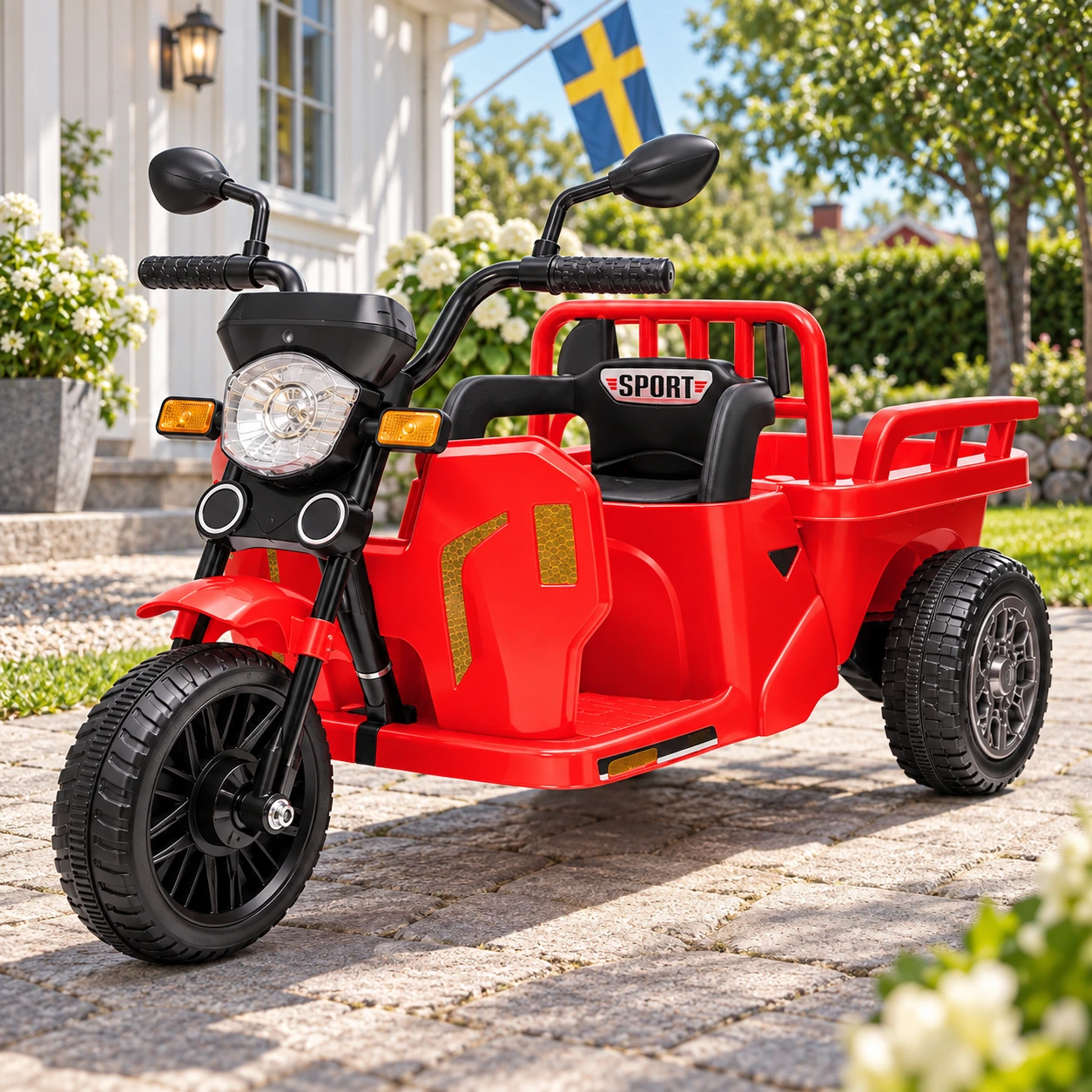 Lasten sähkökolmipyörä peräkärryllä ja kauko-ohjaimella