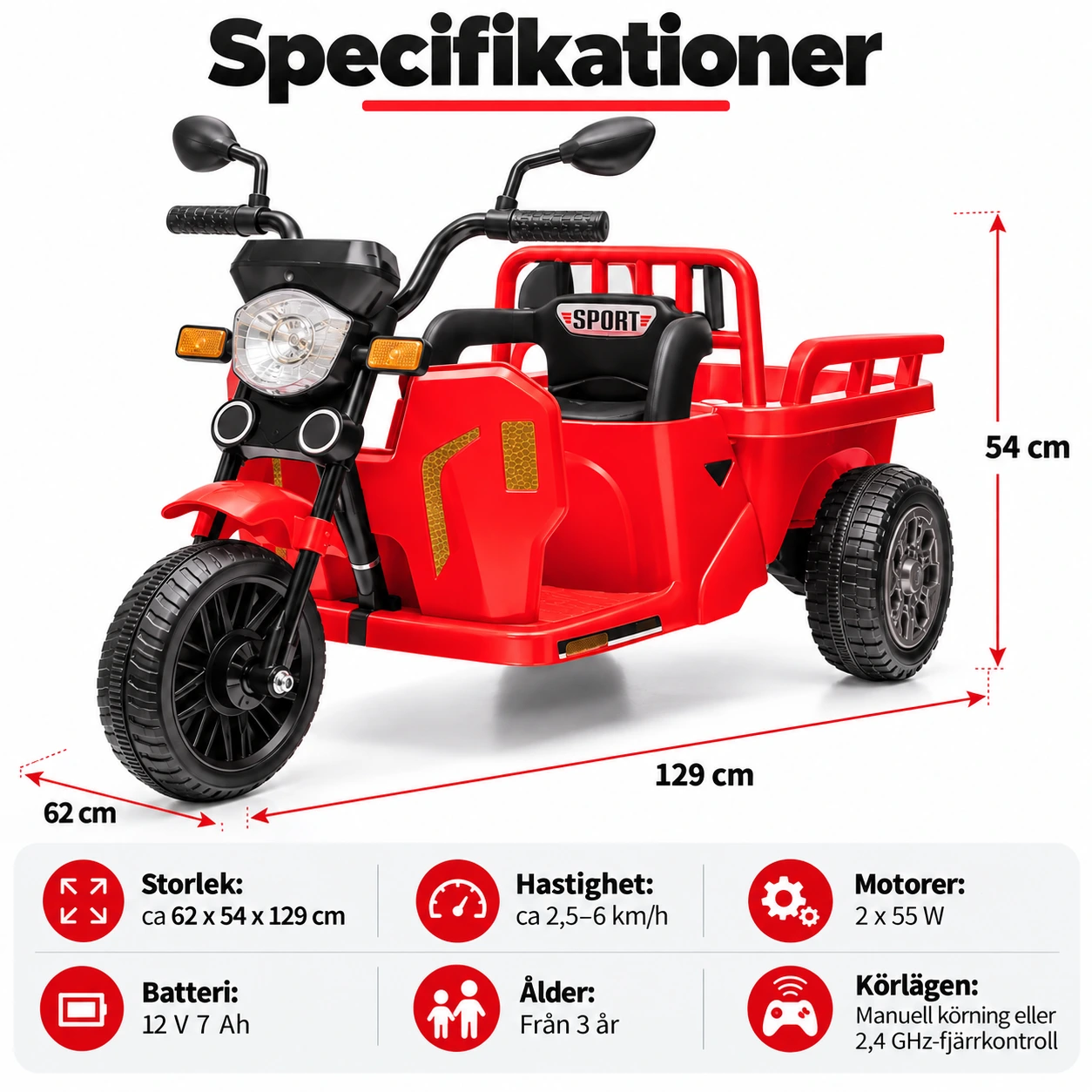 Lasten sähkökolmipyörä peräkärryllä ja kauko-ohjaimella