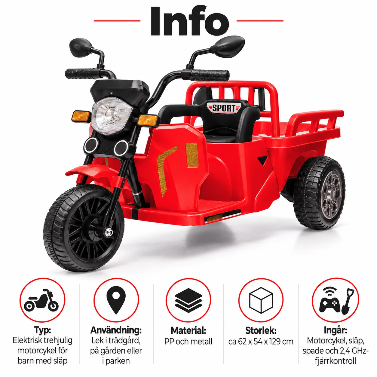 Elektrisk trehjulig motorcykel för barn med släp och fjärrkontroll