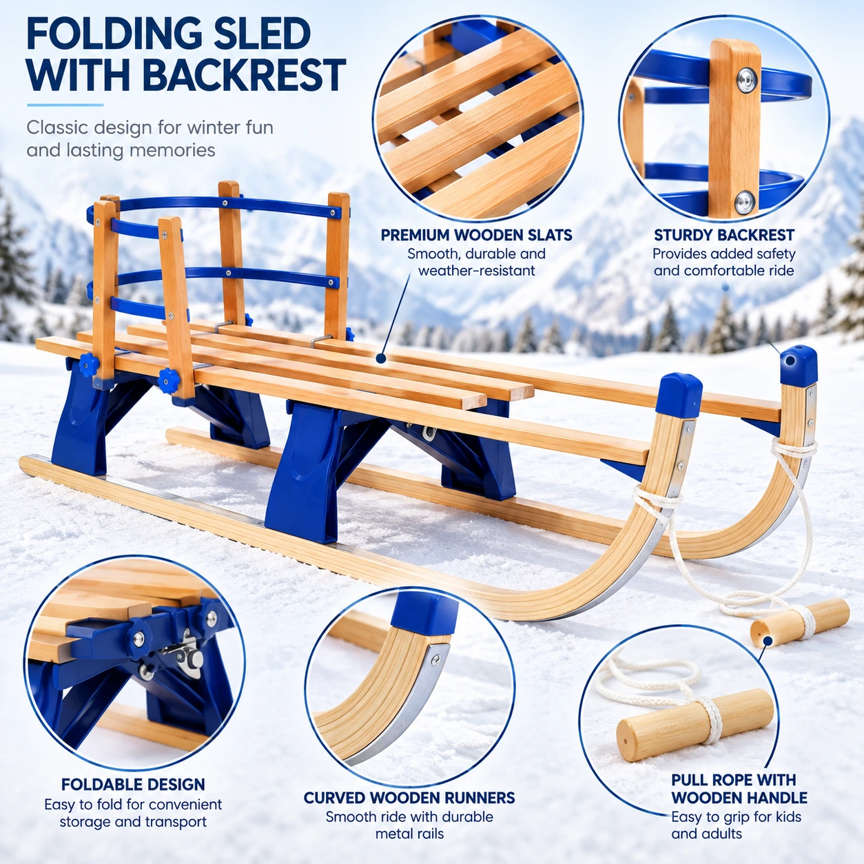 Fällbar träkälke med ryggstöd, 119 cm