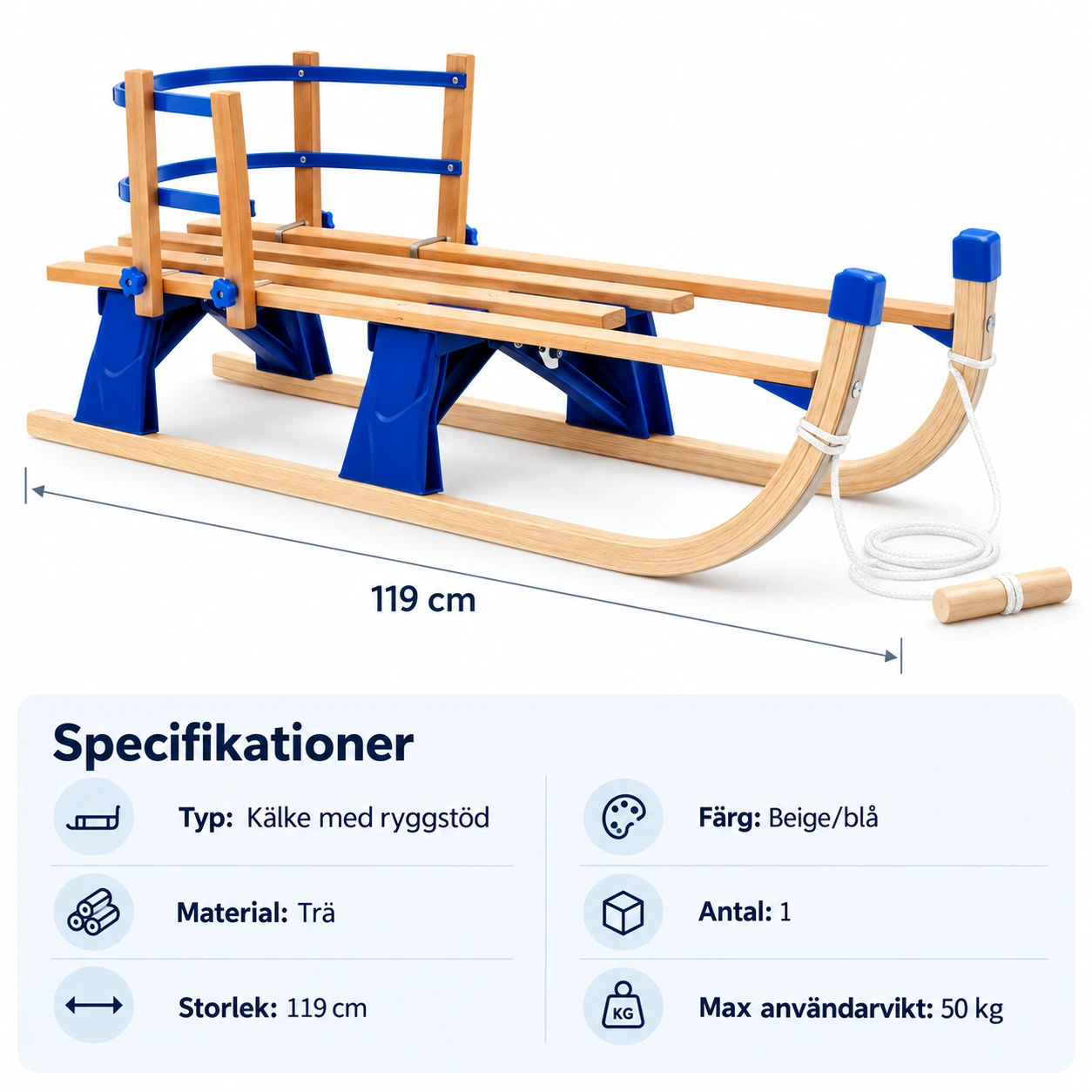 Fällbar träkälke med ryggstöd, 119 cm