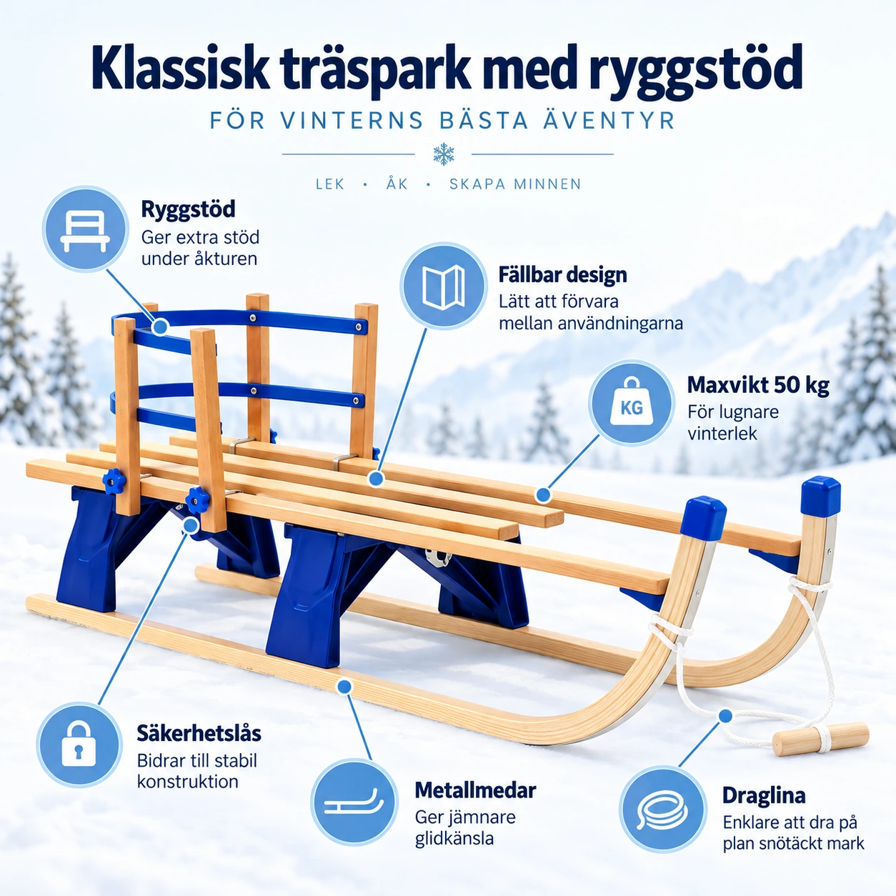 Fällbar träkälke med ryggstöd, 119 cm