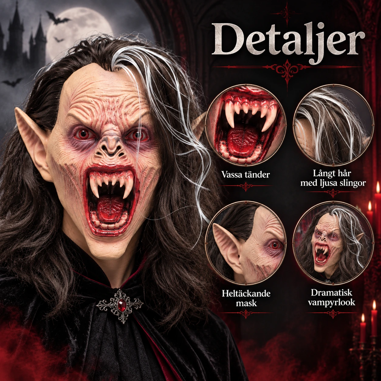 Vampyrmaske for voksne med langt hår