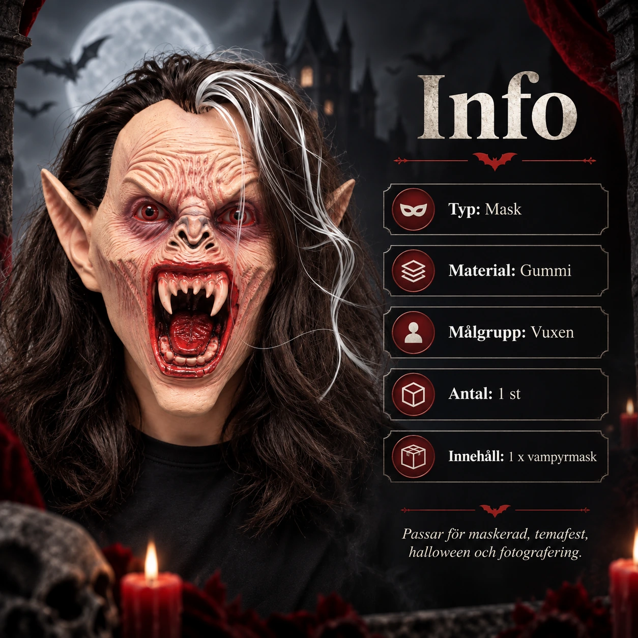 Vampyrmaske for voksne med langt hår