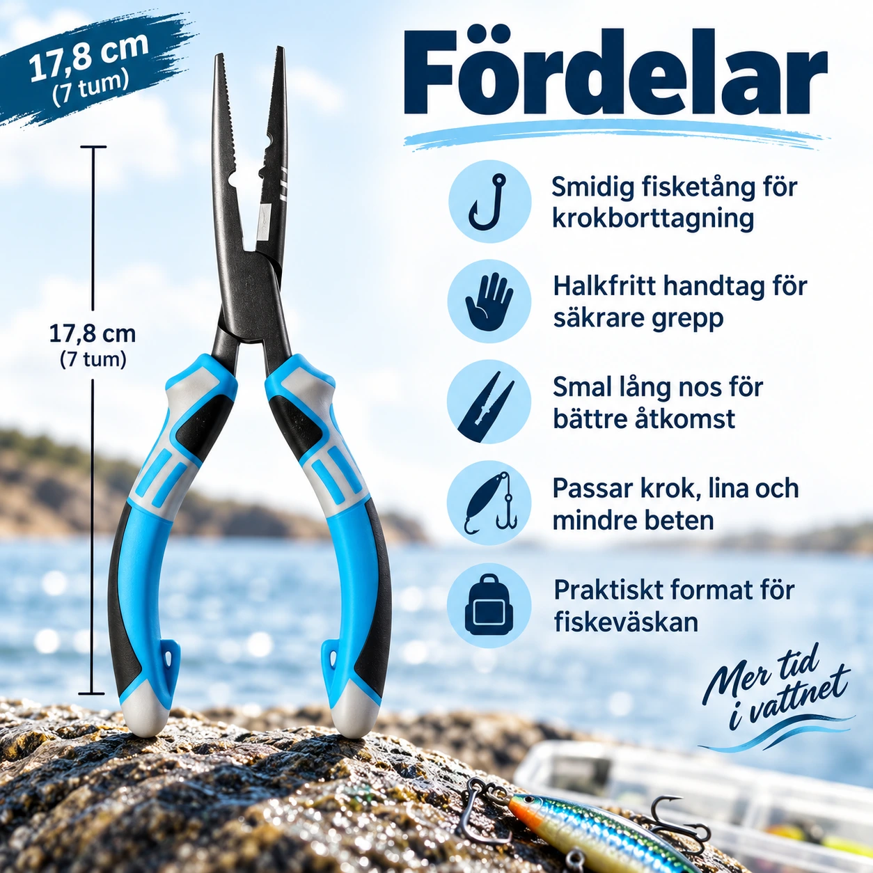 Fisketång för krokborttagning med halkfritt handtag