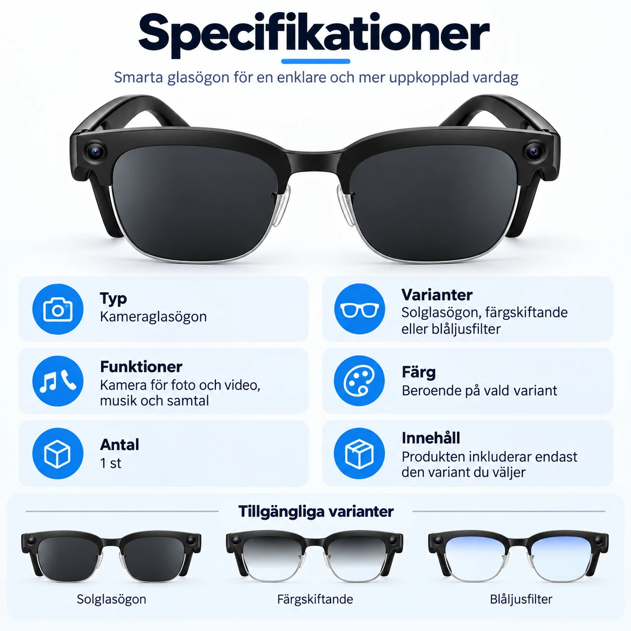 Kameraglasögon med färgskiftande eller blåljusfilter