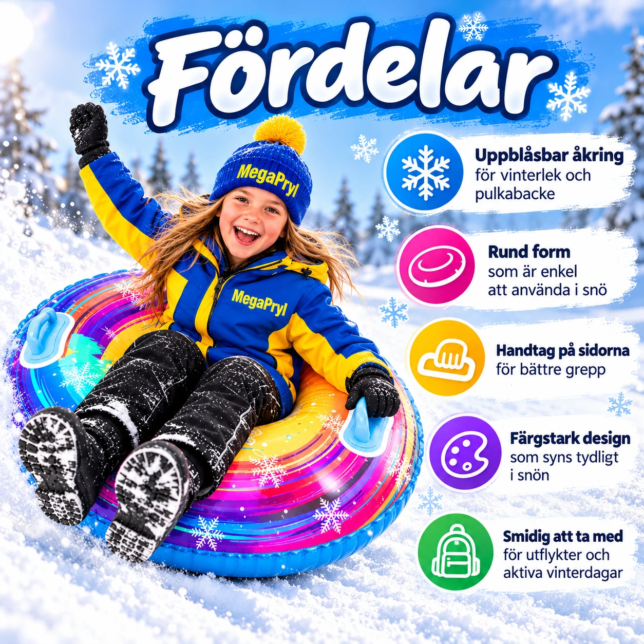 Uppblåsbar åkring för snö med handtag, flerfärgad