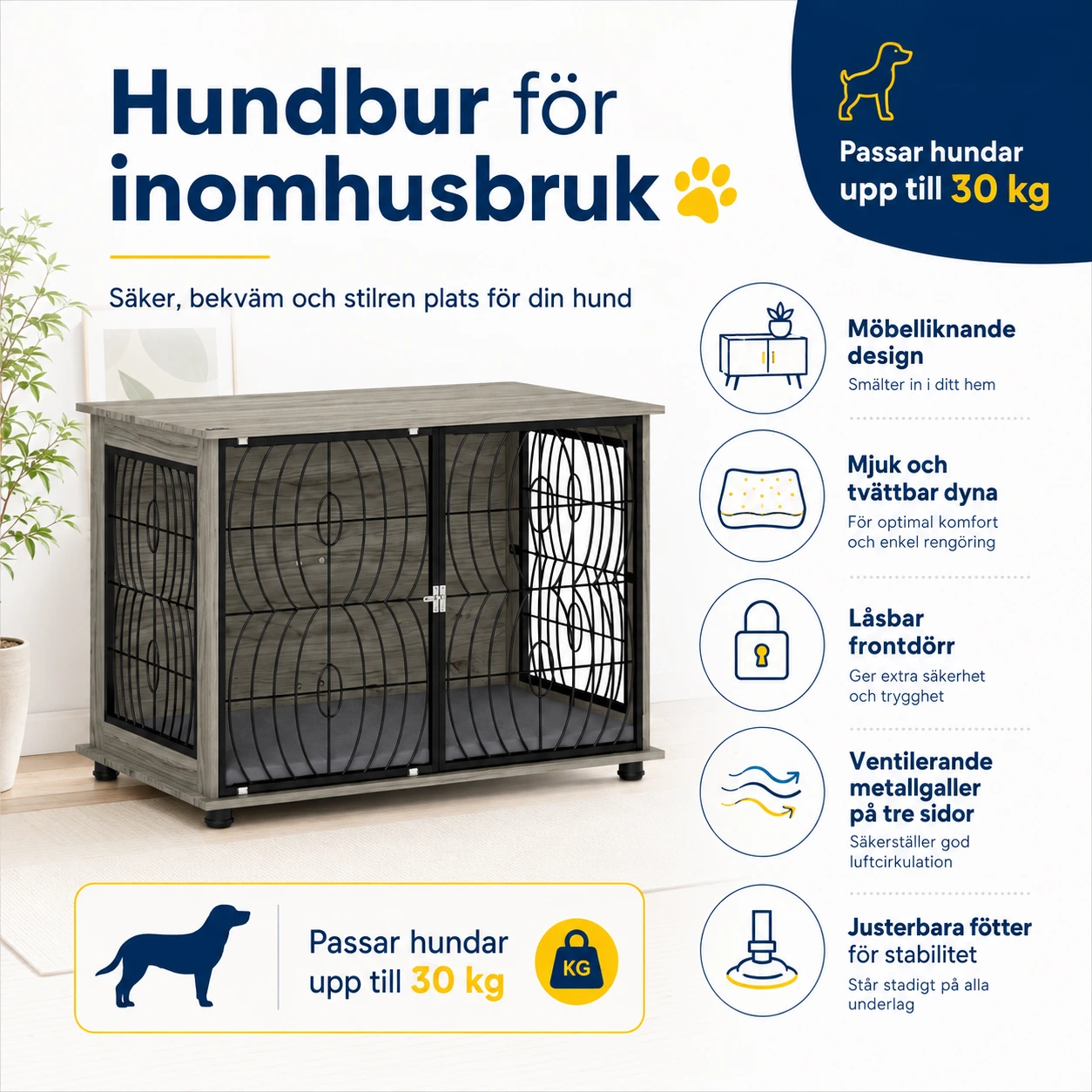 Hundbur för inomhusbruk med dyna och låsbar dörr