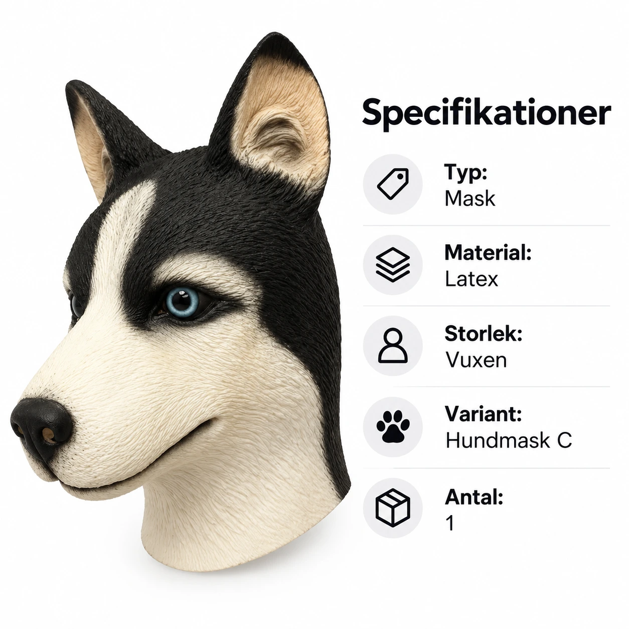 Sibirisk Husky Latexmask med Pixelglasögon