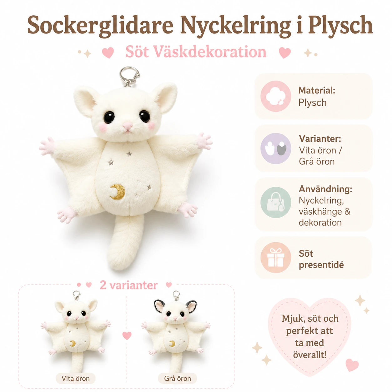 Sockerglidare Nyckelring i Plysch – Söt Väskdekoration
