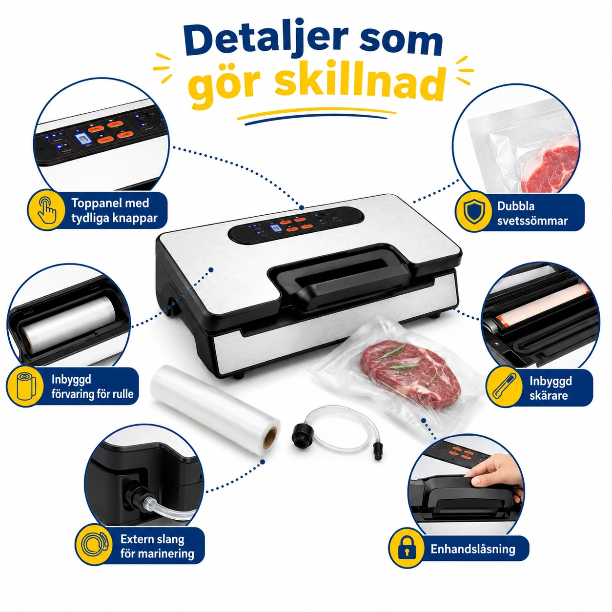 Vakuumförpackare för kök med dubbla pumpar och dubbla svetssömmar