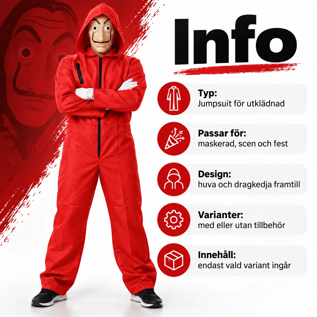 Röd Hooded Rånardräkt med Mask och Handskar