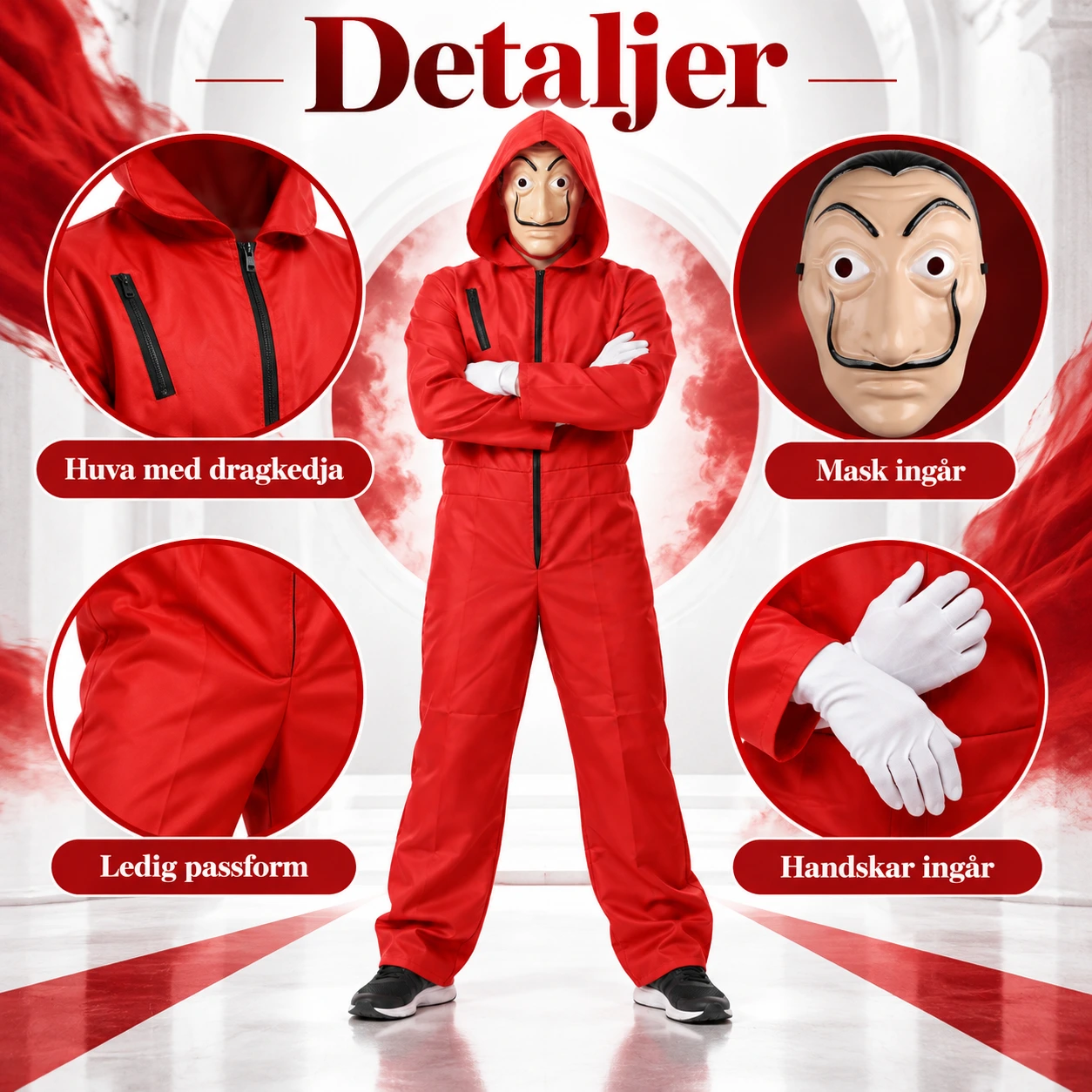 Röd Hooded Rånardräkt med Mask och Handskar