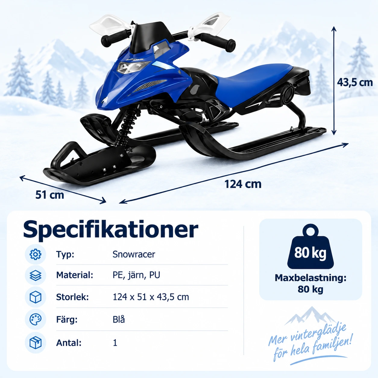 Styrbar snowracer för barn med sits och draglina