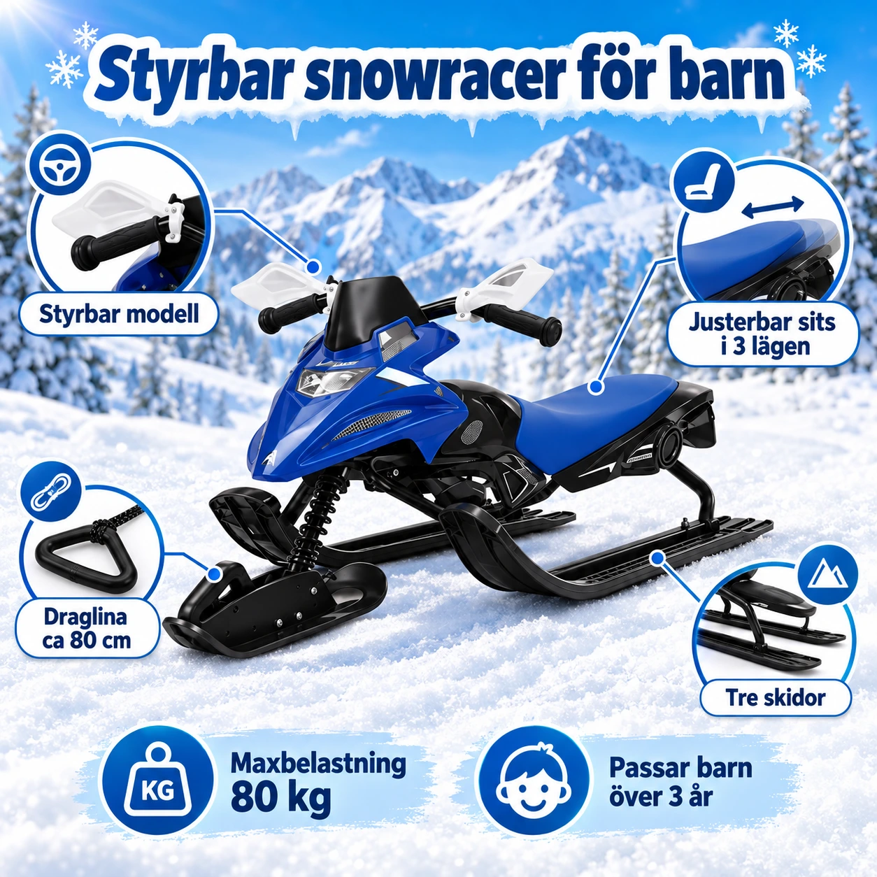 Styrbar snowracer för barn med sits och draglina