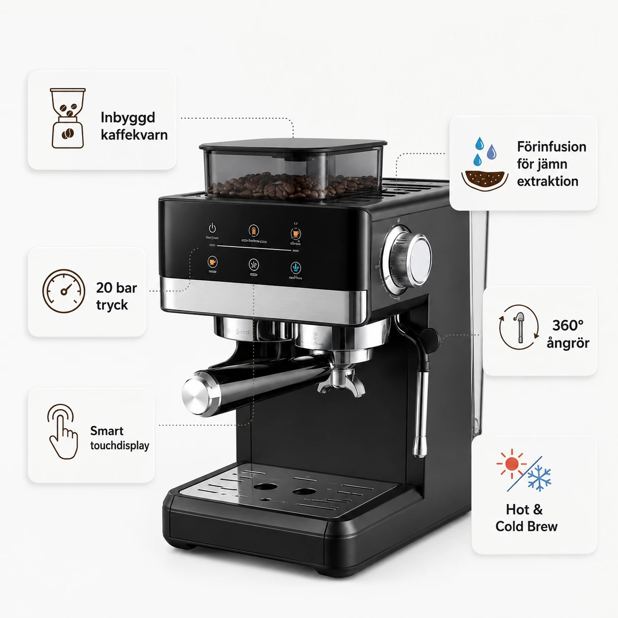 Espressomaskin med Kaffekvarn och Cold Brew 20 Bar