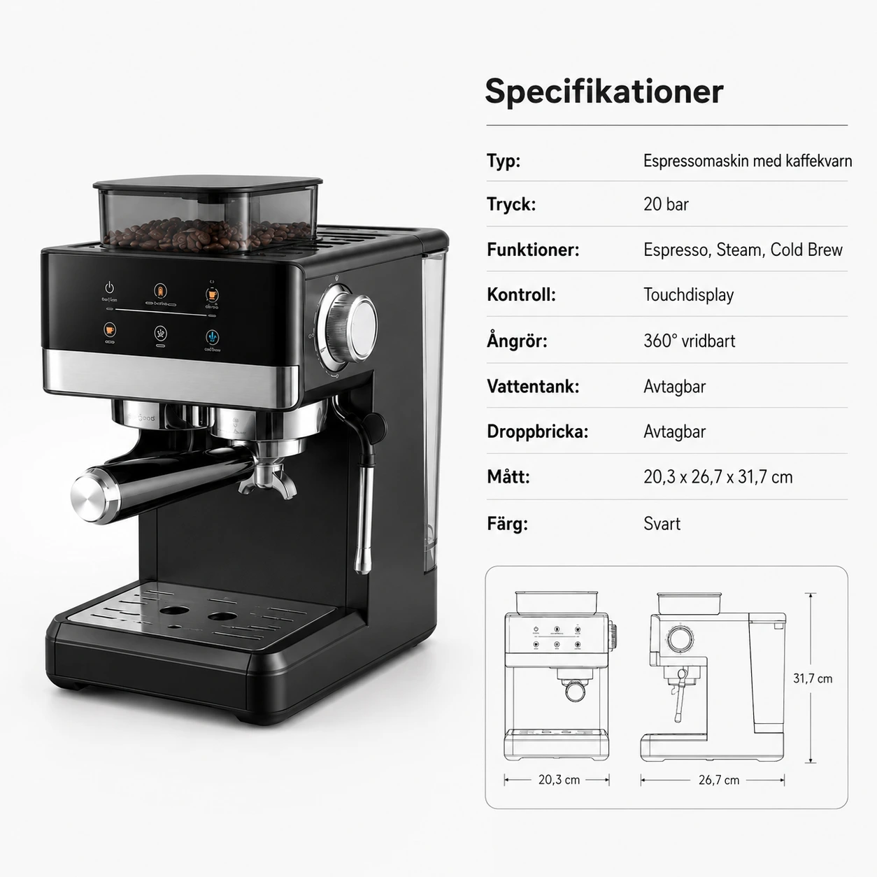 Espressomaskin med Kaffekvarn och Cold Brew 20 Bar